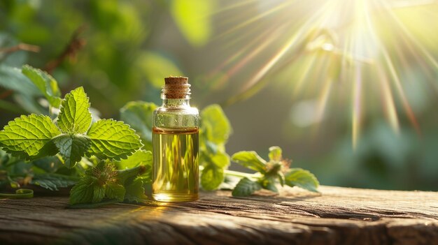 jar with essential oil extract of lemon balm oil on a wooden background