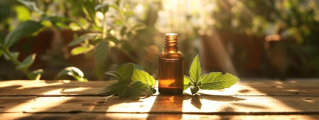 jar with essential oil extract of plantain oil on a wooden background