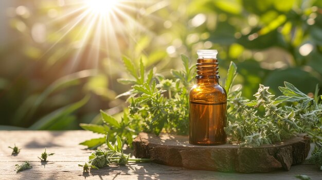 Photo jar with essential oil extract of wormwood oil on a wooden background