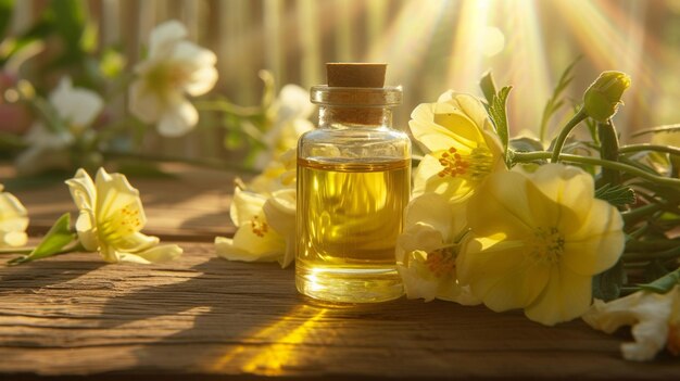 Photo jar with evening primrose essential oil extract on a wooden background