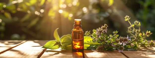 jar with extract of evening primrose essential oil on a wooden background