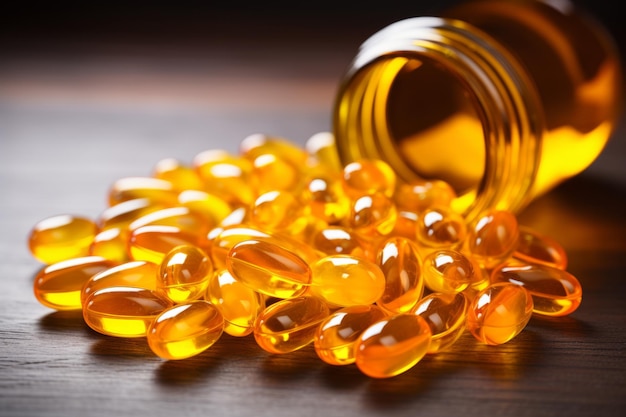Jar with fish oil omega vitamin pills healthy vital capsules pharmaceutical medicine omega