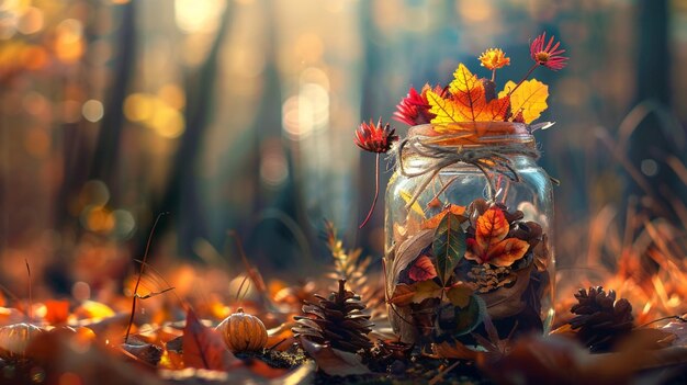 Photo a jar with flowers and a pine cone in it