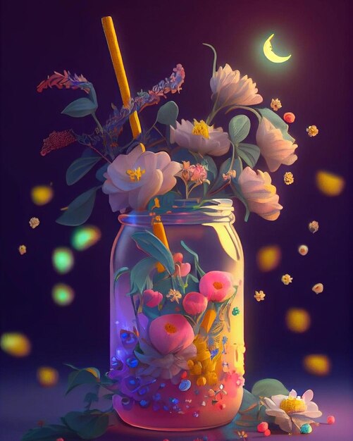 A jar with flowers and a straw in it