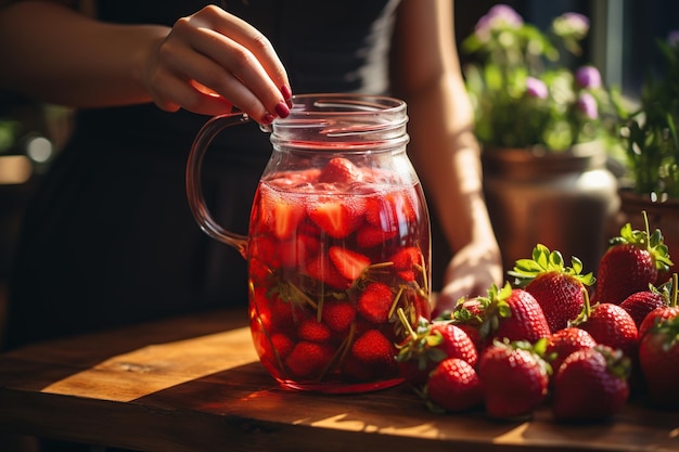 Jar with fresh strawberry juice AI Generated