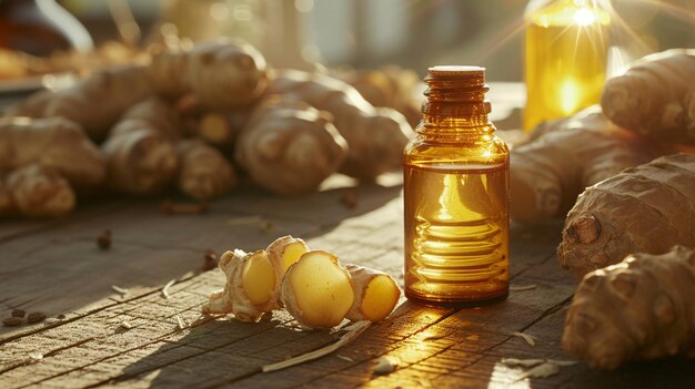 Photo jar with galangal essential oil extract on a wooden background