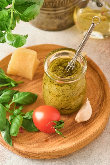 Jar with homemade pesto sauce  