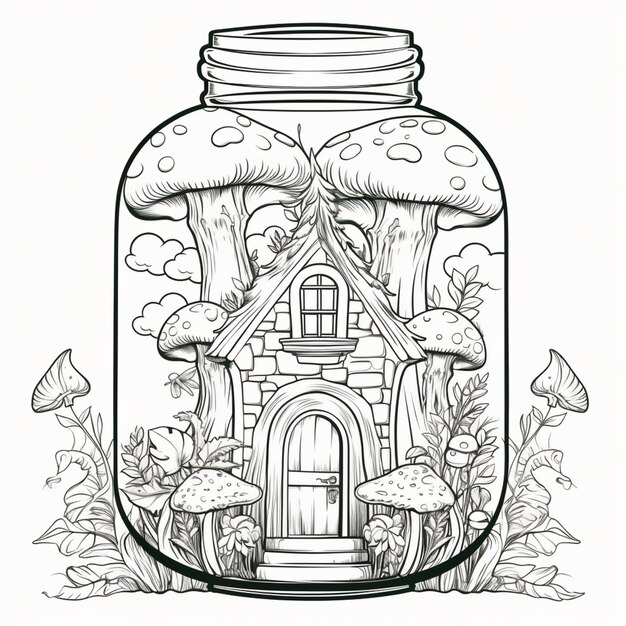 A jar with a house inside of it surrounded by mushrooms generative ai