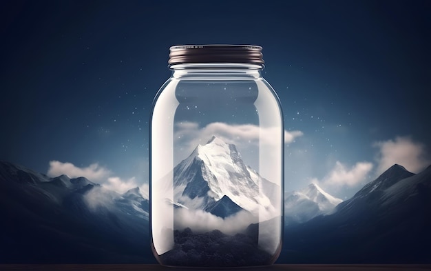 A jar with a mountain in the middle of it