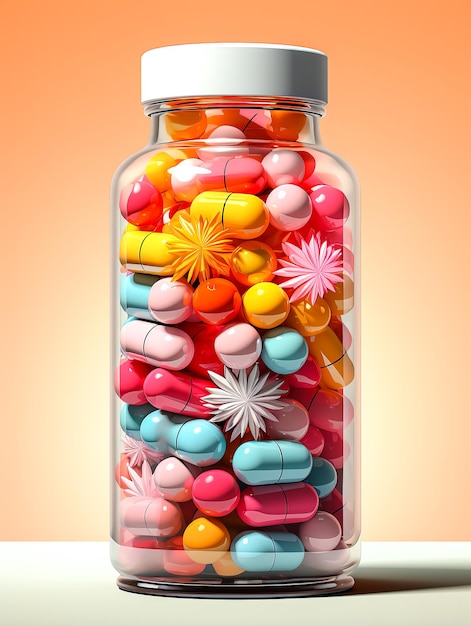 Jar with multicolored pills of vitamins medical concept