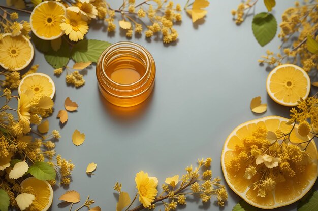 Photo jar with natural linden honey delicious kombucha jar still life the bowl with honey on wooden tablethe bank of honey stay near wooden spoon