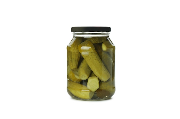 Jar with pickled cucumbers on white