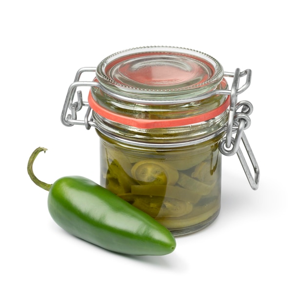 Jar with pickled green jalapeno peppers