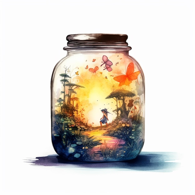 A jar with a picture of a girl and a butterfly on it.