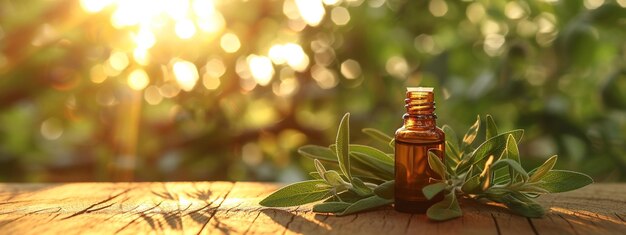 jar with sage essential oil extract on a wooden background