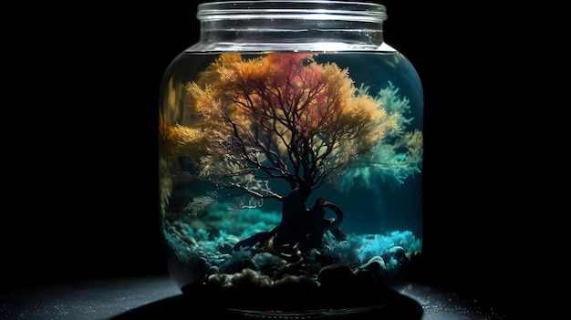 A jar with a tree inside of it