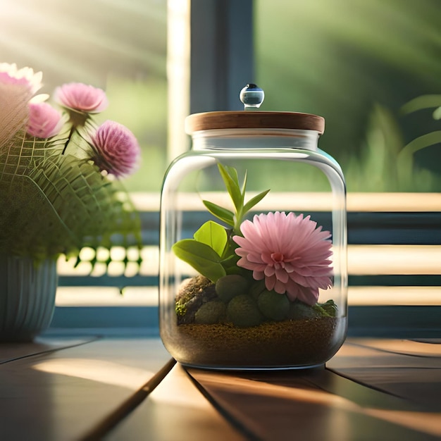 A jar with a wooden lid that says