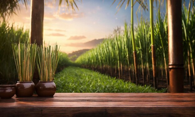 Photo jar on wooden table with field