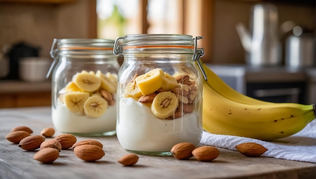 jar of yogurt with banana and almonds in the kitchen