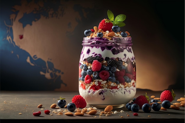 A jar of yogurt with blueberries and berries on it.