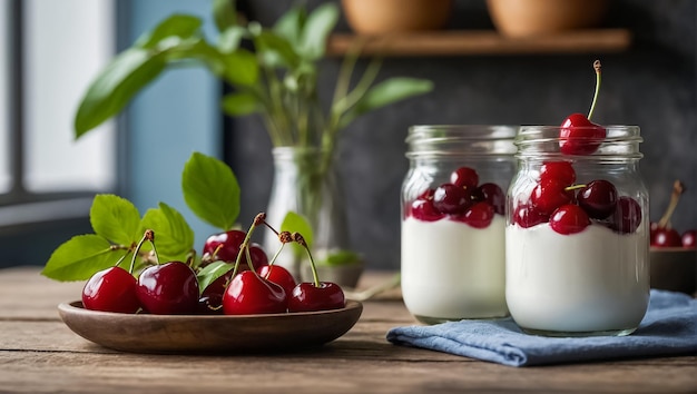 jar of yogurt with cherries in the kitchen