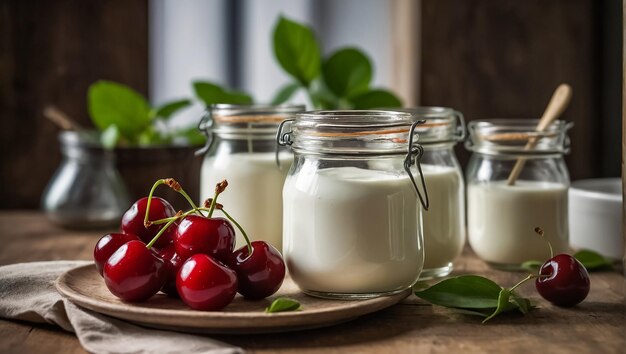 jar of yogurt with cherries in the kitchen