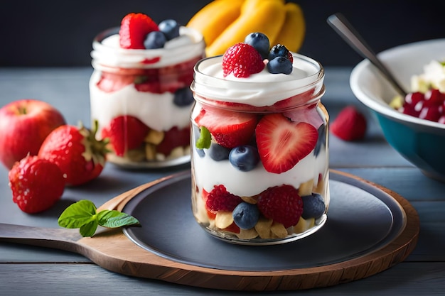 A jar of yogurt with fruit on top