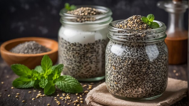 jar of yogurt with mint and chia seeds in the kitchen