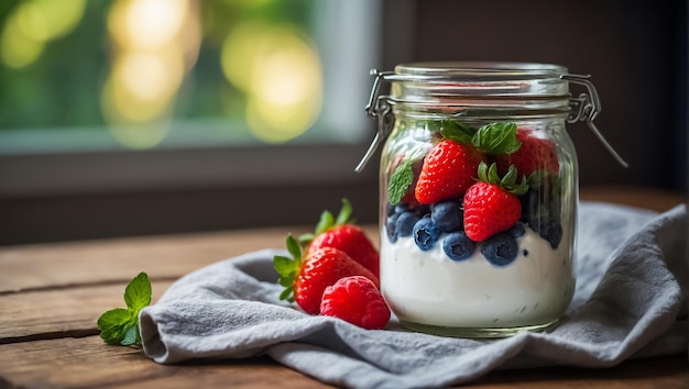 jar of yogurt with strawberries blueberries and mint in the kitchen