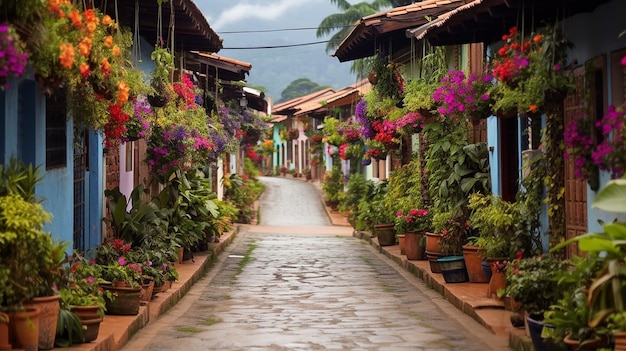 Jardin picturesque town in Antioquia Colombia with colorful houses and colorful flowers