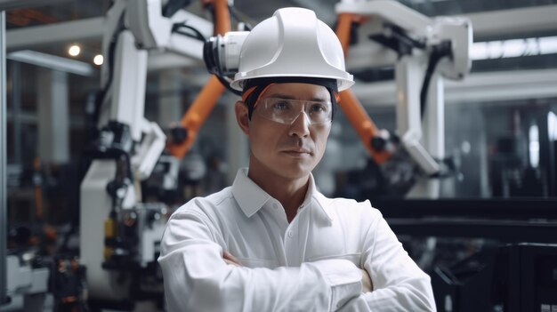 Jaren '40 ingenieur draagt veiligheidsuniform en staat op onscherpe achtergrond van slimme fabriek met robotarmen Generatieve AI AIG20