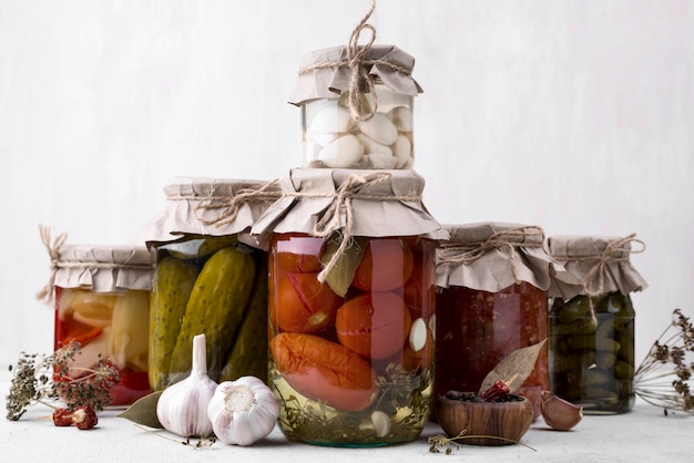 Jars arrangement with preserved vegetables