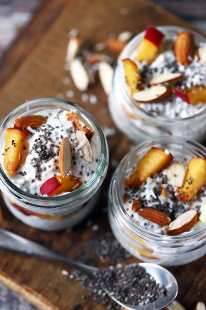 Jars of chia yogurt. Breakfast trend.