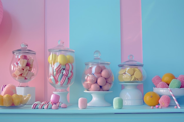 Photo jars of colored candy next to a table