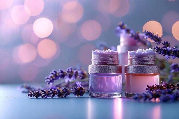 Jars of cosmetics on a purple background with lavender