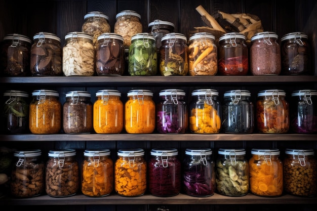 Jars of dehydrated food stacked in a pantry