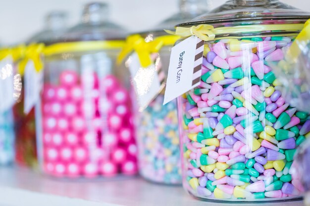 Jars filled with different candies at the boutique candy store.