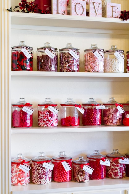 Photo jars filled with different candies at the boutique candy store.