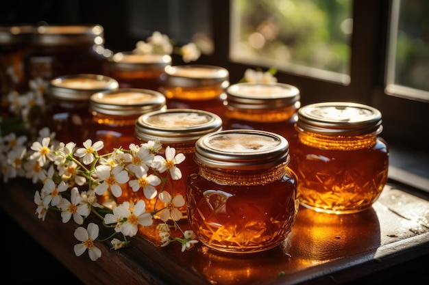 jars filled with honey in wooden table professional advertising food photography