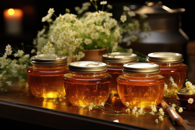 jars filled with honey in wooden table professional advertising food photography
