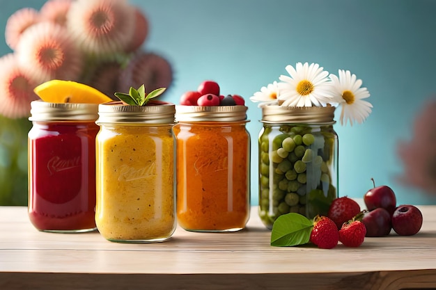 Jars of food on a table with flowers in the background
