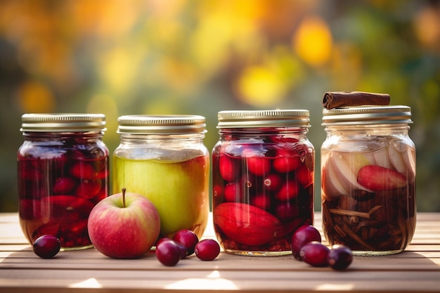 Photo jars of food with apples and cranberries on a wooden table