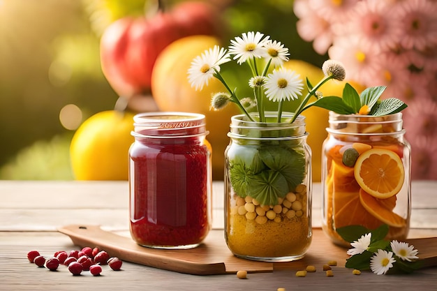 Jars of food with a plant in the middle and a bunch of flowers in the background