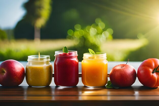 Foto barattoli di frutta e verdura su un tavolo con il sole che splende attraverso gli alberi.