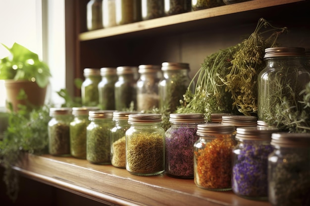 Jars of Herbal Supplements on Wooden Shelf Generative Ai