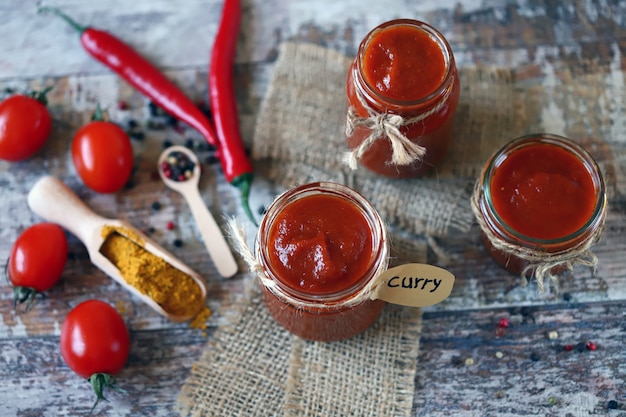 Vasetti di salsa al curry fatta in casa.