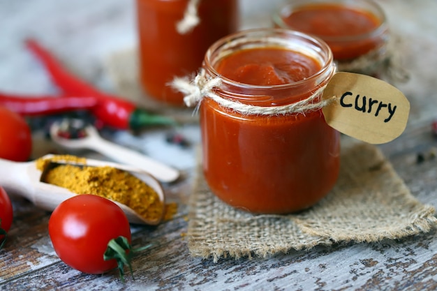 Jars of homemade curry sauce.