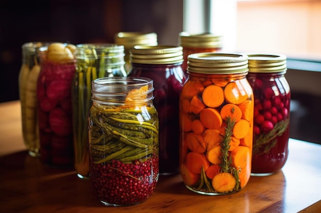 Jars of homemade pickles beets and carrots created with generative ai