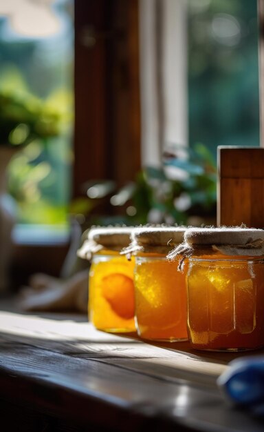 Jars of Honey on Table by Window