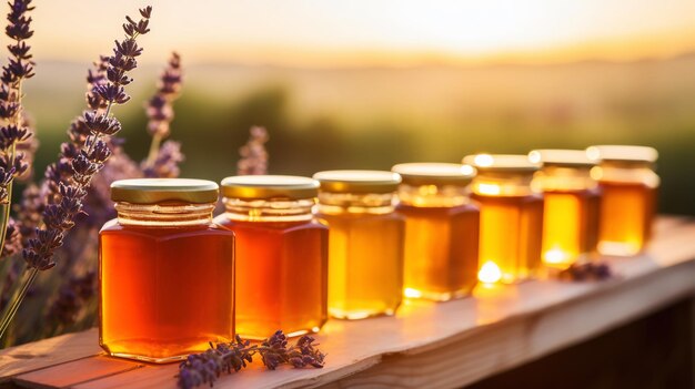 Jars of organic flower honey on a wooden table with lavender sunset in the background Generative AI